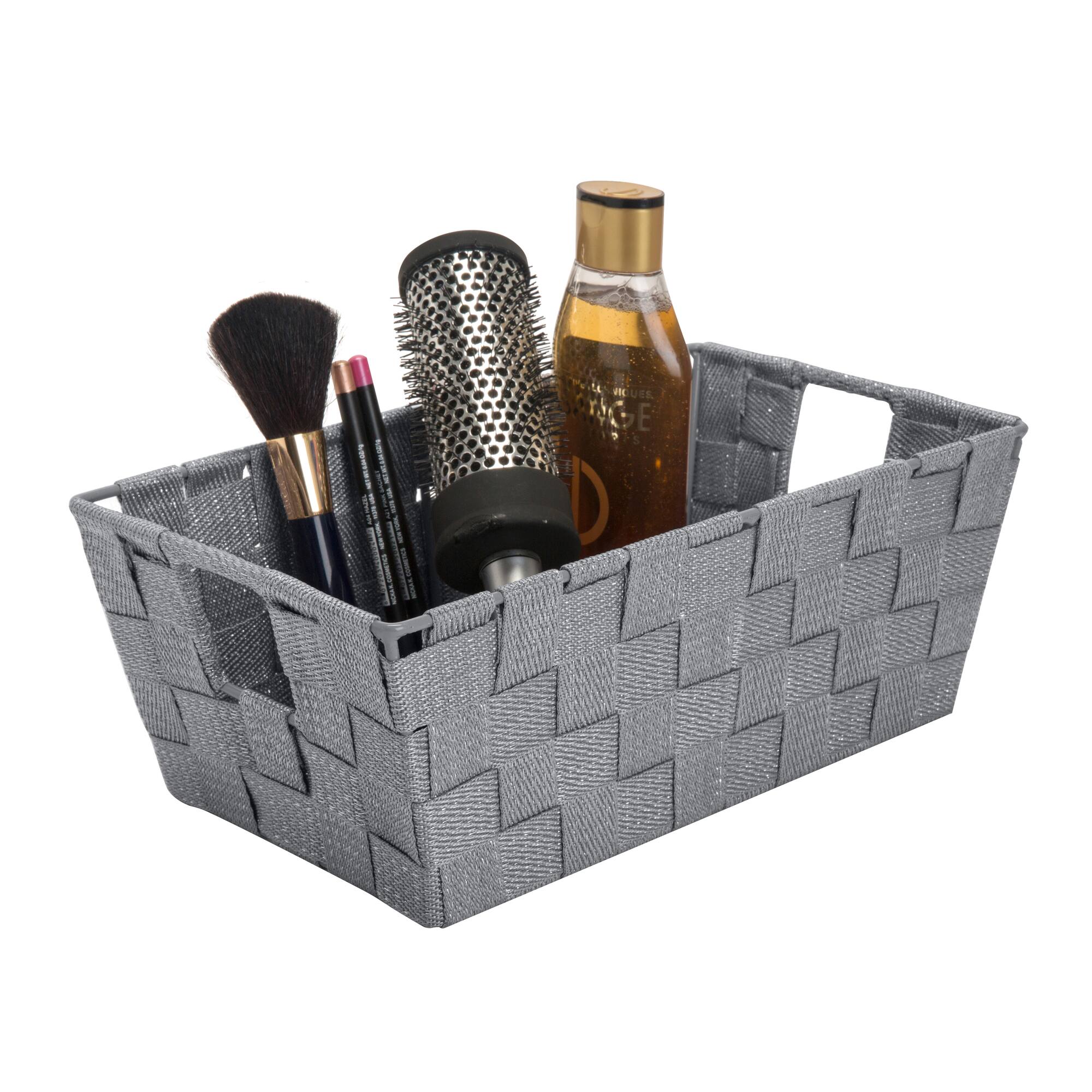 Simplify Small Gray/Silver Lurex Striped Woven Storage Bin